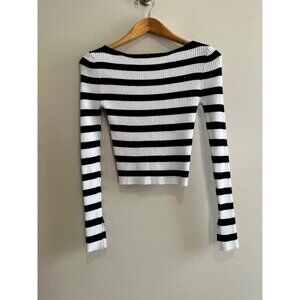 Reckless Love Cropped Sweater Womens L Navy Stripe Boat Neck Fitted Ribbed